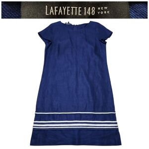 Lafayette 148 New York Blue 100% Linen Dress With White Stripes Sz 10
